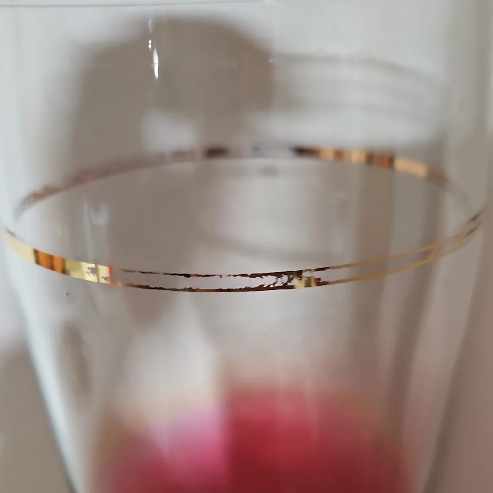 VTG MCM Cranberry Pink Blendo Cocktail Shaker Set Gold Rim Tumbler Glasses 7pc